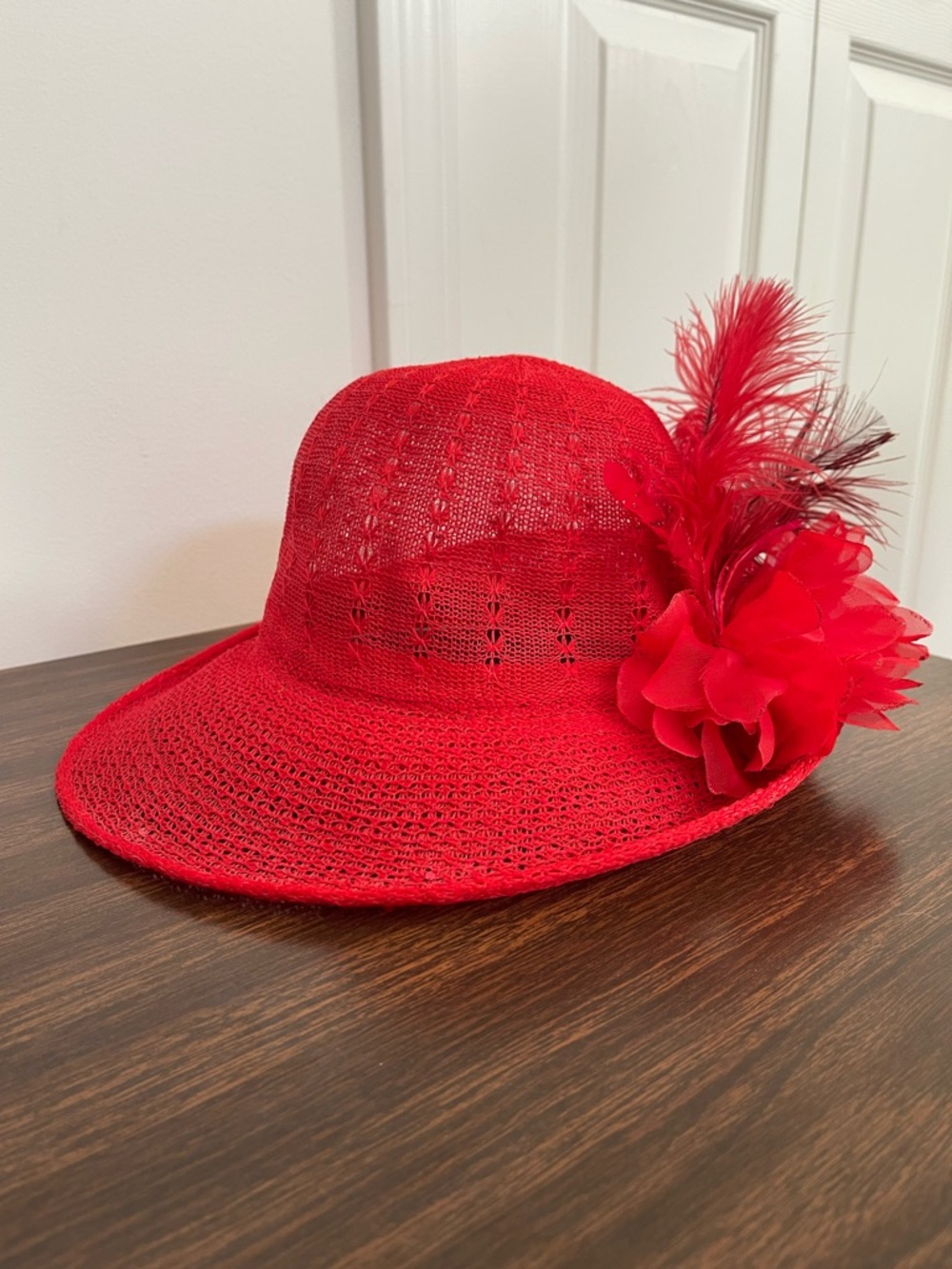 Red Women's Decorative Hat with Floral Feather Accent